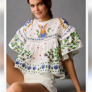 Farm Rio Summer Garden Clip Dot Printed Blouse Small Ruffle Sleeves Flowy Fit